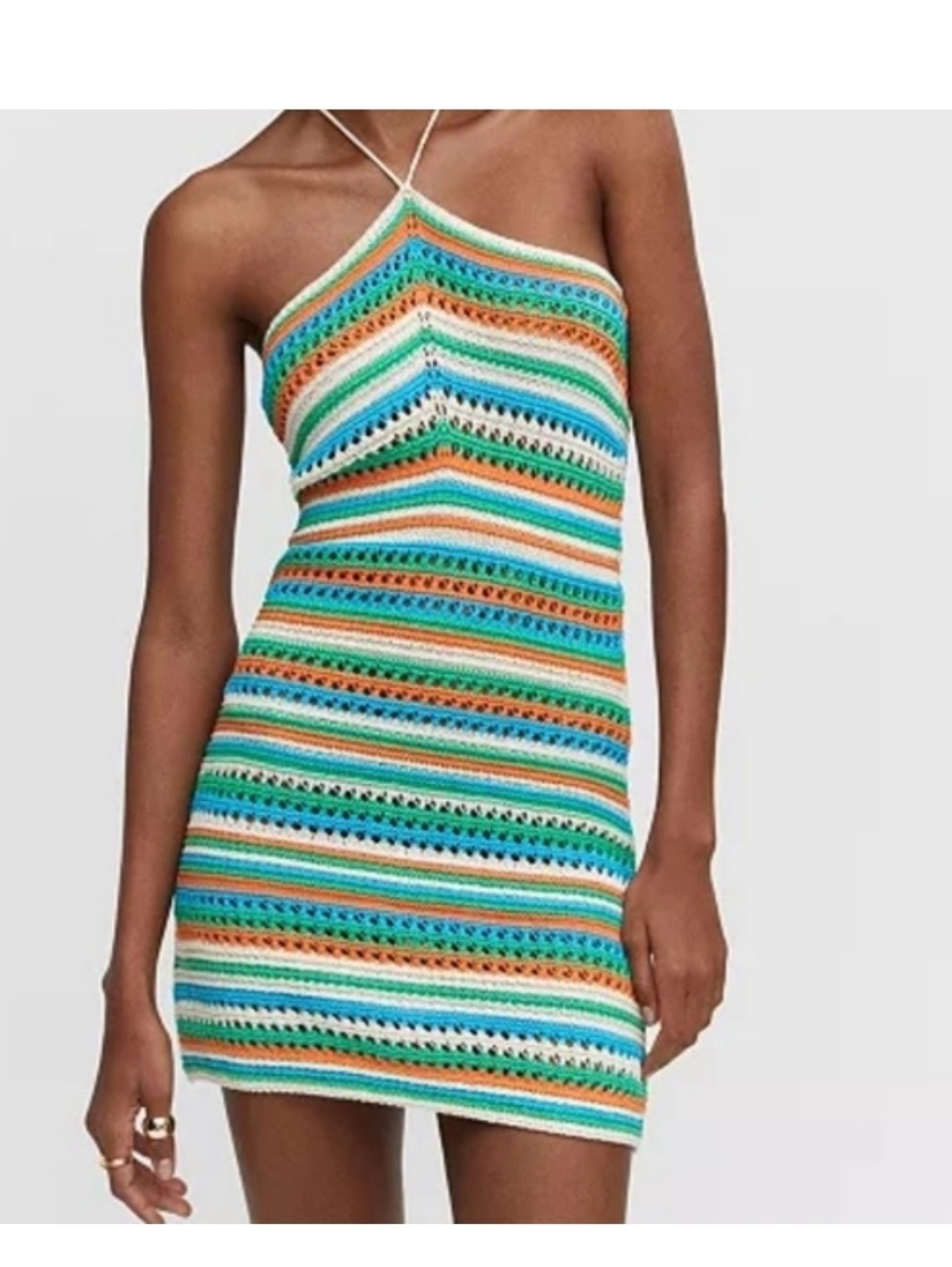 Mango Crochet Striped Halter Mini Dress - Teal, Orange, White - Size Small